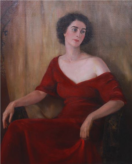 George Bernhard Meyer | Portrait Painting Woman in Red Dress | MutualArt