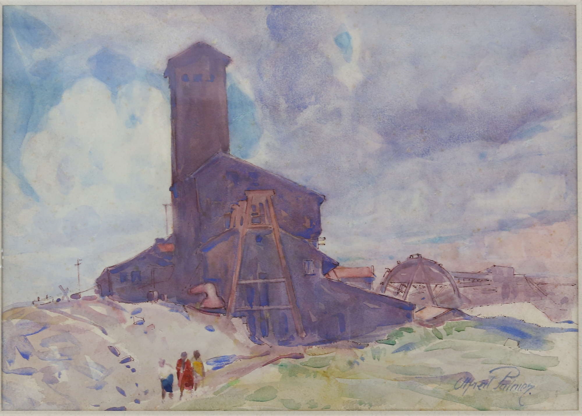 Artwork by Alfred Palmer, Figures by a Tall building, Made of Watercolour