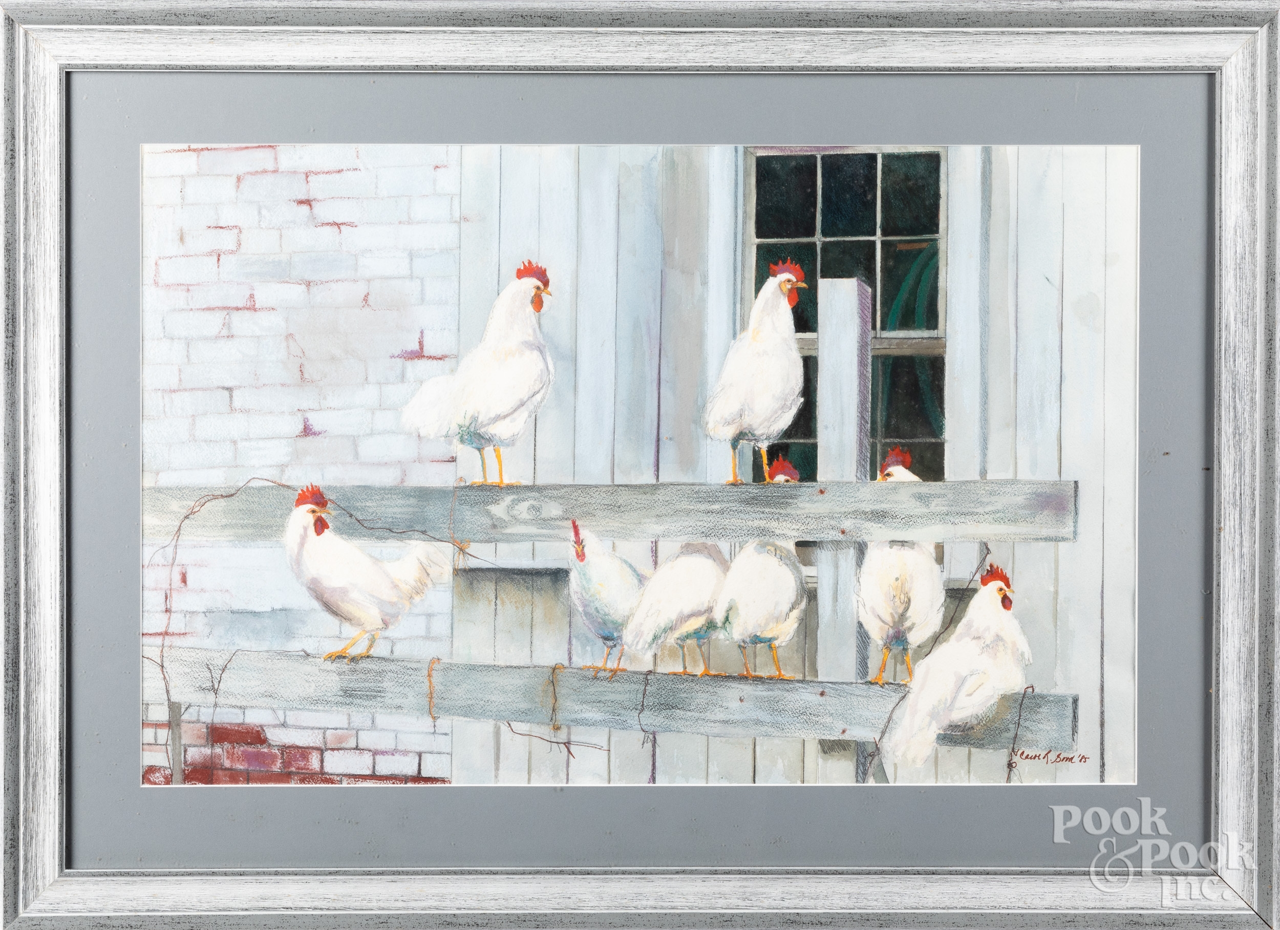 Carol R. Good | Mixed media barn scene with chickens | MutualArt