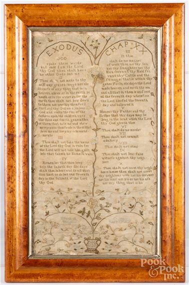 English silk on linen ten commandments sampler - Elizabeth Vaughan