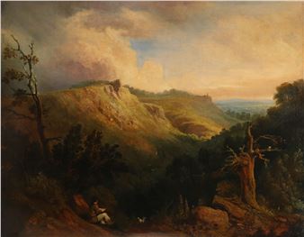 Extensive hilly landscape with an artist sketching and his dog - Lancelot Elford Reed