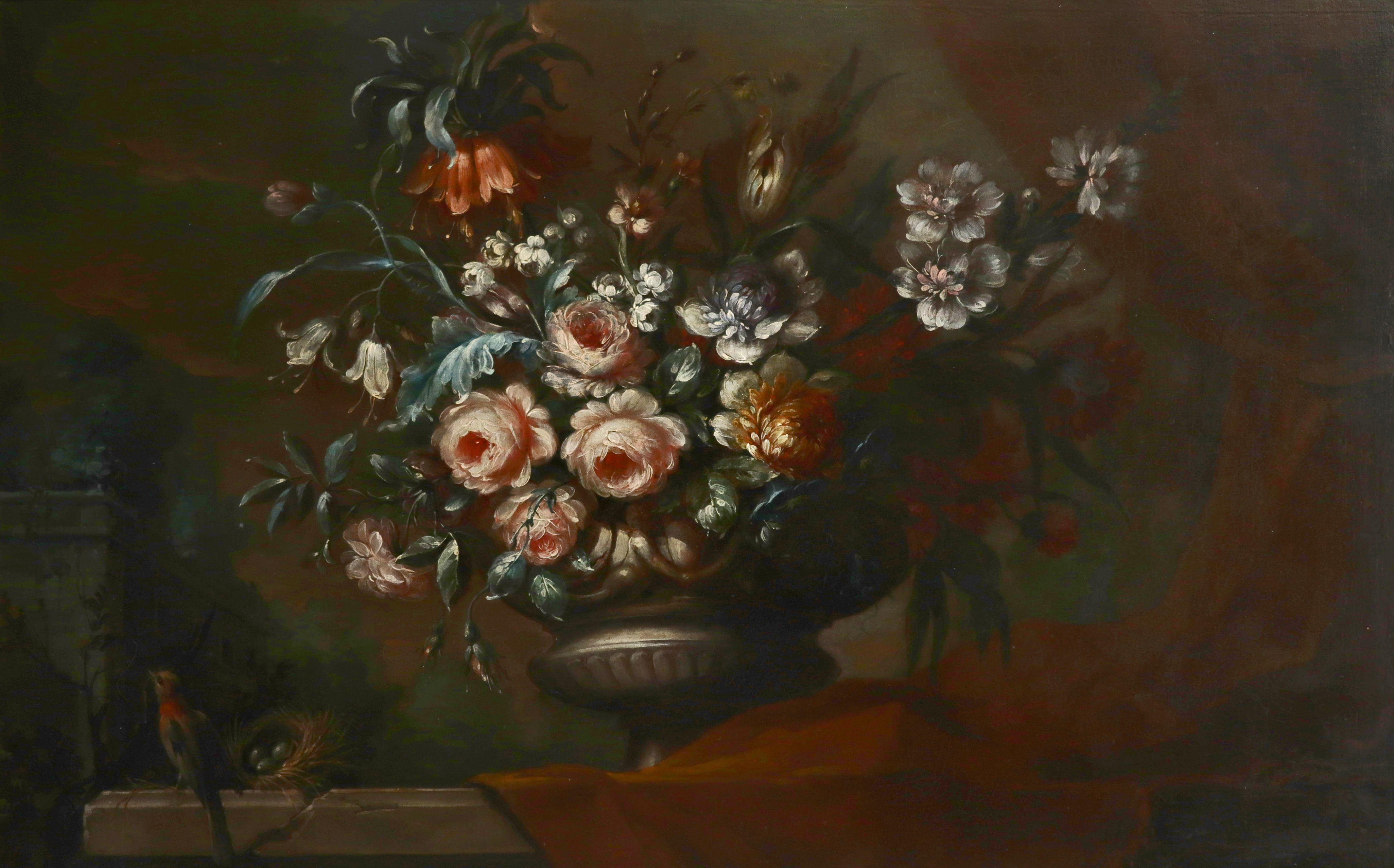 Artwork by Jacobus Van Huysum, Still life with flowers in an urn, Made of Oil on canvas