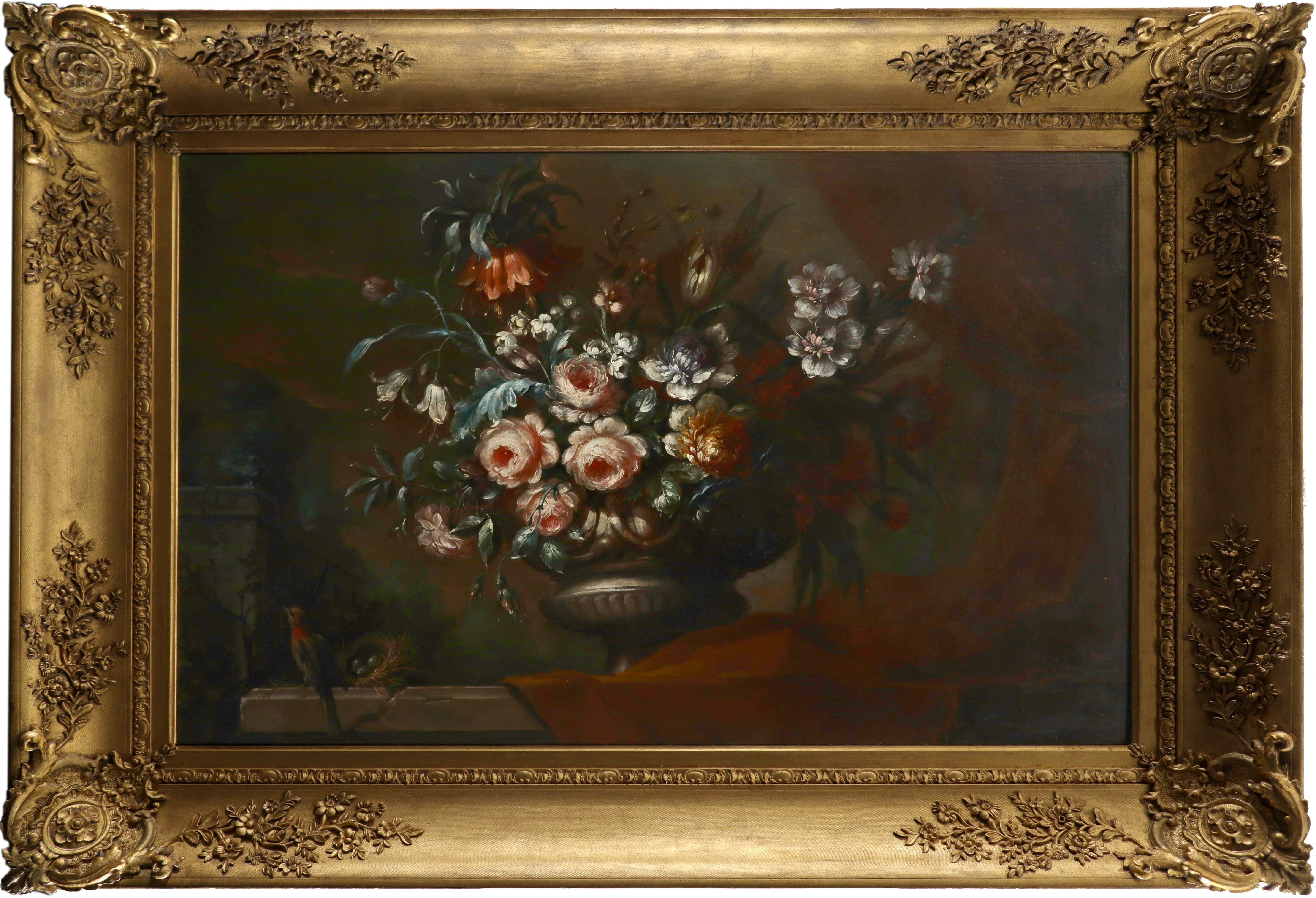 Artwork by Jacobus Van Huysum, Still life with flowers in an urn, Made of Oil on canvas