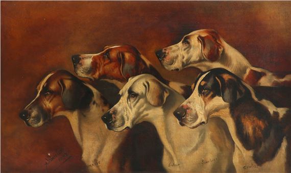 Portrait of five foxhounds by Alfred Wheeler