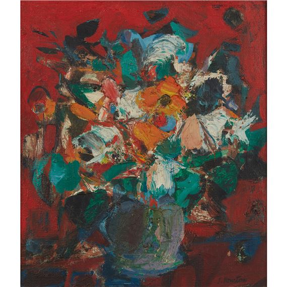 STILL LIFE OF FLOWERS ON A RED GROUND by John Houston