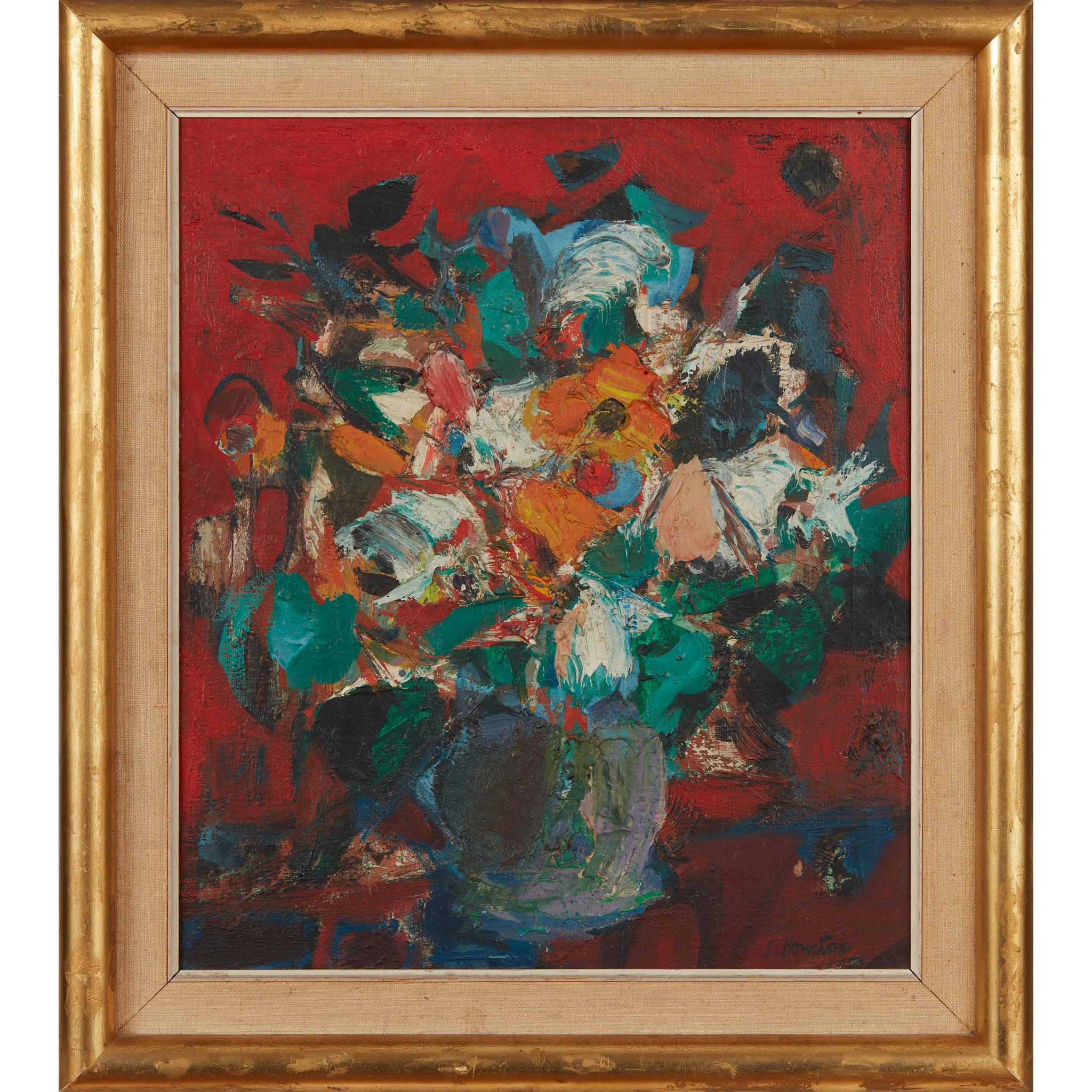 Artwork by John Houston, STILL LIFE OF FLOWERS ON A RED GROUND, Made of oil on canvas