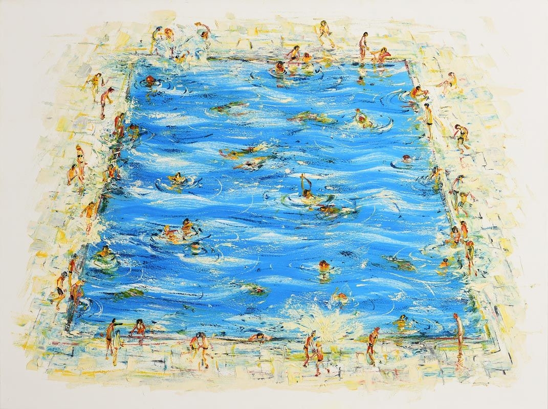 A vibrant, impressionistic painting of a crowded swimming pool filled with blue water and numerous figures.