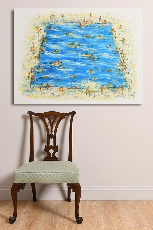 A vibrant, impressionistic painting of a crowded swimming pool filled with blue water and numerous figures.