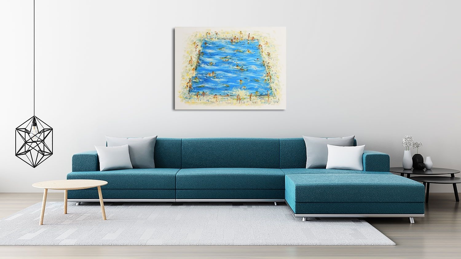 A vibrant, impressionistic painting of a crowded swimming pool filled with blue water and numerous figures.