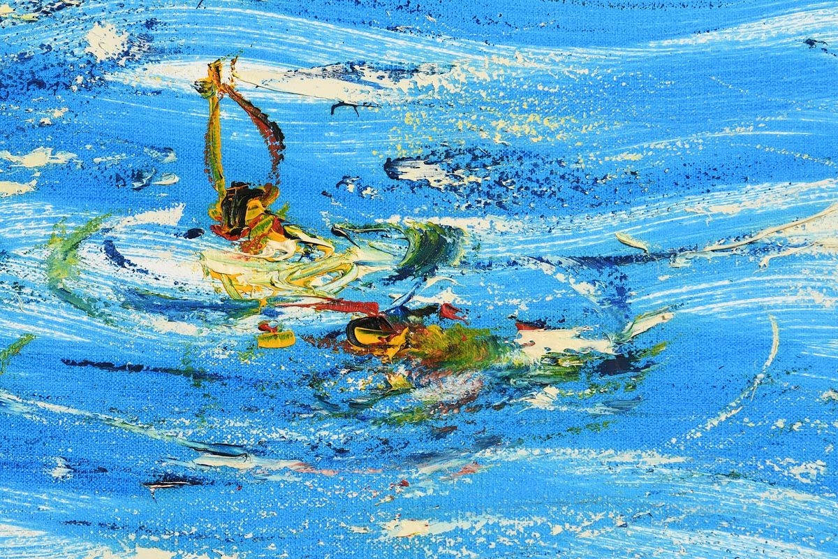 A vibrant, impressionistic painting of a crowded swimming pool filled with blue water and numerous figures.