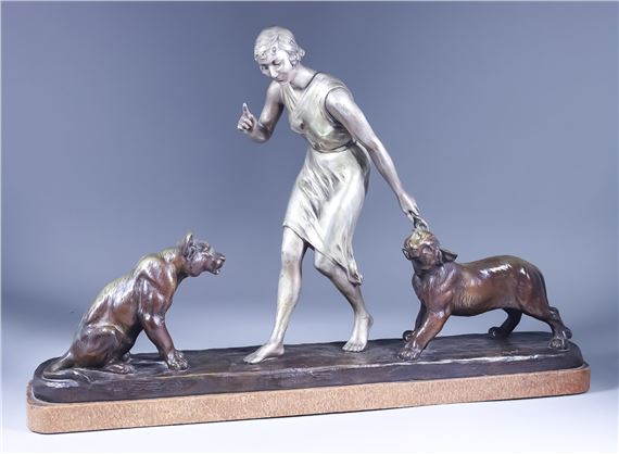 Louis Riché | Group of a standing young woman with two lion cubs ...