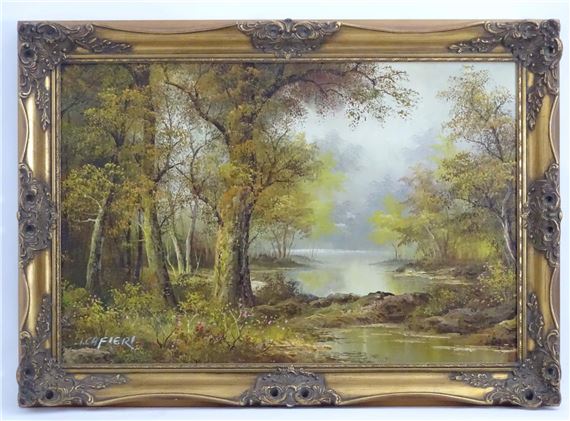 A lakeside landscape scene with trees and wild flowers by Irene Cafieri, Late 20th century