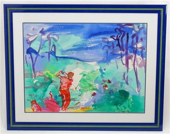 A golf course scene with a golfer by Jan van Diemen, 1987