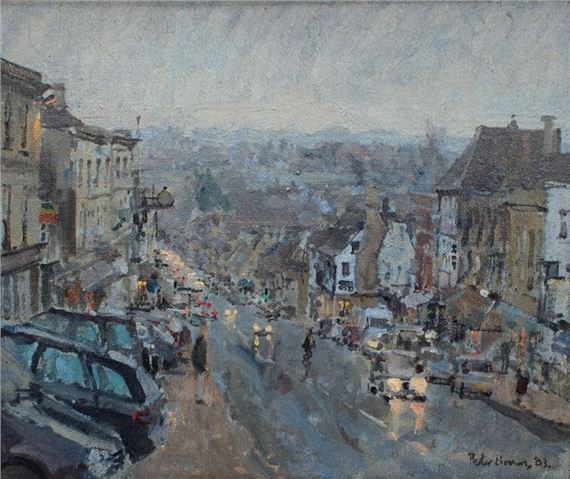 A moody street scene in a town, rendered in an impressionistic style with muted tones and visible brushstrokes.