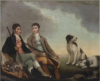 Two men hunting grouse with dogs - James Nothcote