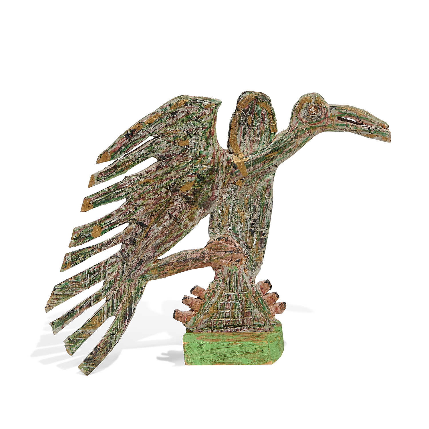 Artwork by Elijah Pierce, Buzzard with Chicks, Made of wood, paint and rhinestone