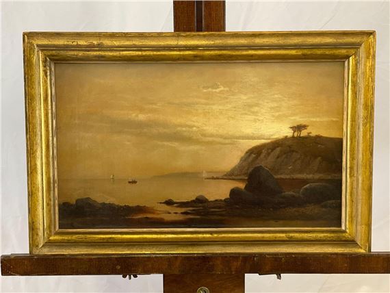 A rocky coastline with boats by Lemuel D. Eldred