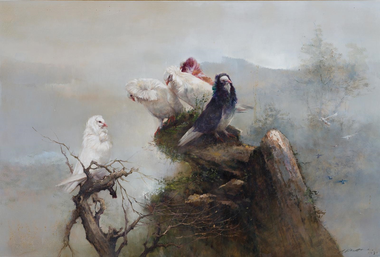 Artwork by Choo Keng Kwang, Doves on a Mountain Peak, Made of oil on masonite board