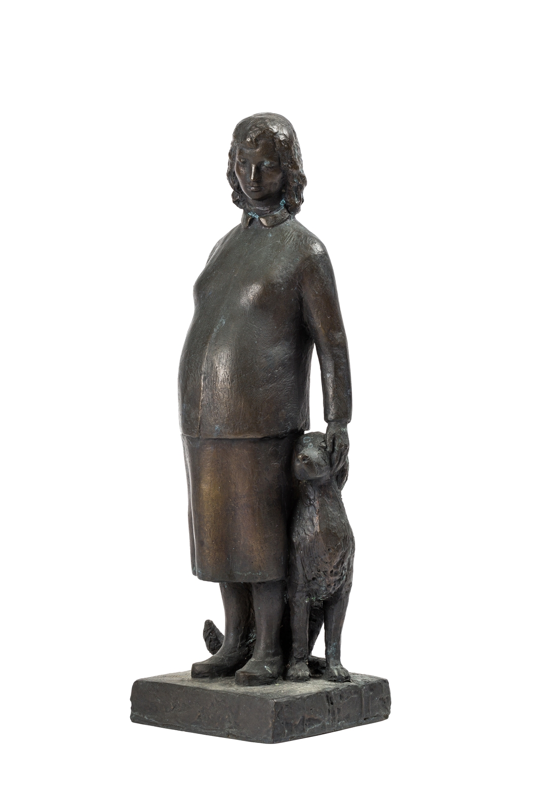 Artwork by Sigri Welhaven, "Kvinne med hund", Made of bronze