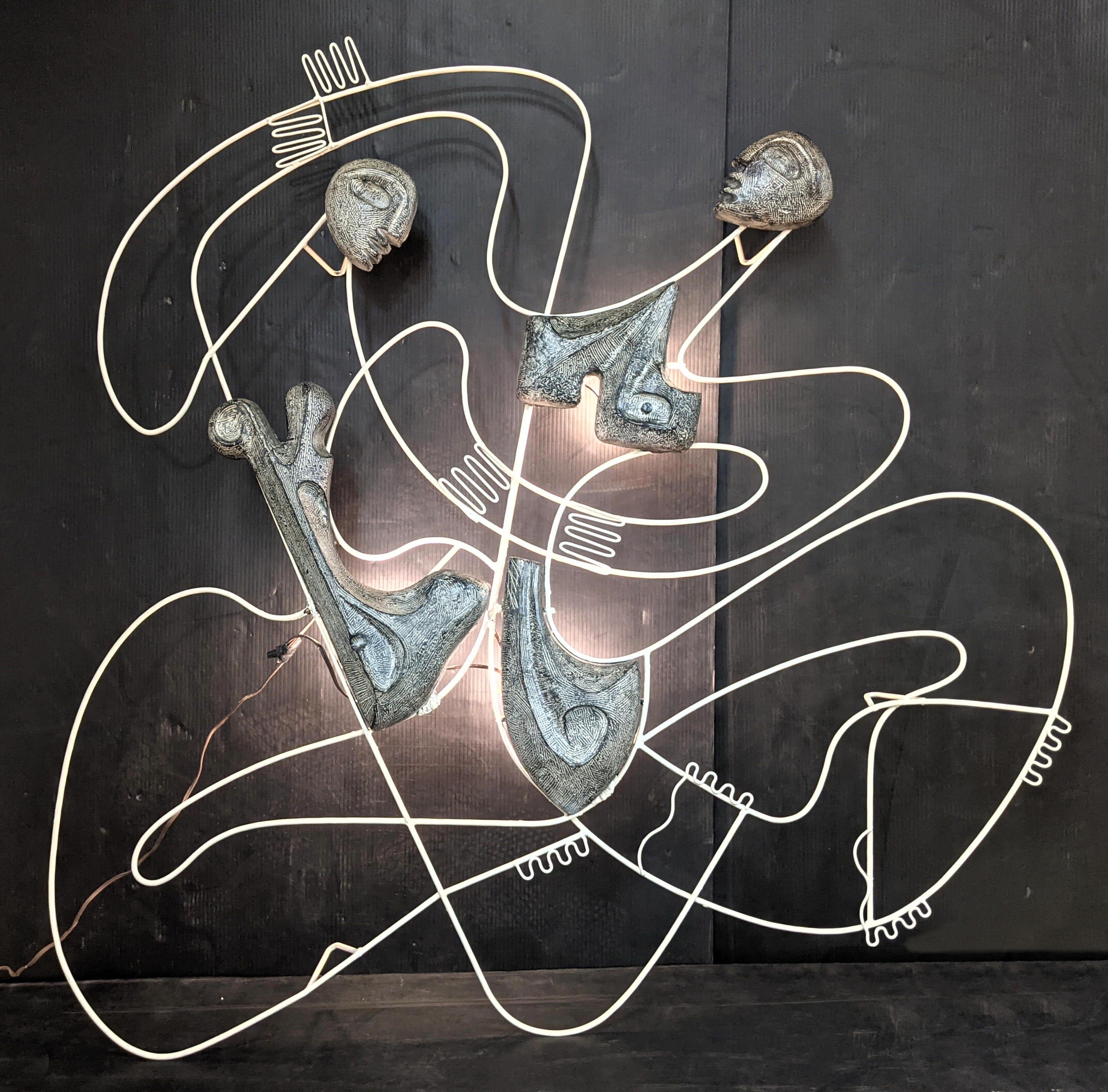 Artwork by Frederick Weinberg, Figural Wall Sculpture, Made of White painted metal armature with plaster figures.