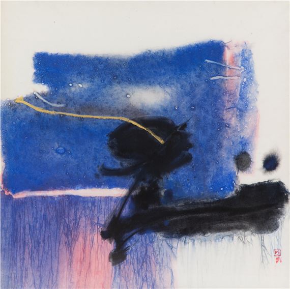 An abstract black against blue-pink background by Djoko KS, 1996