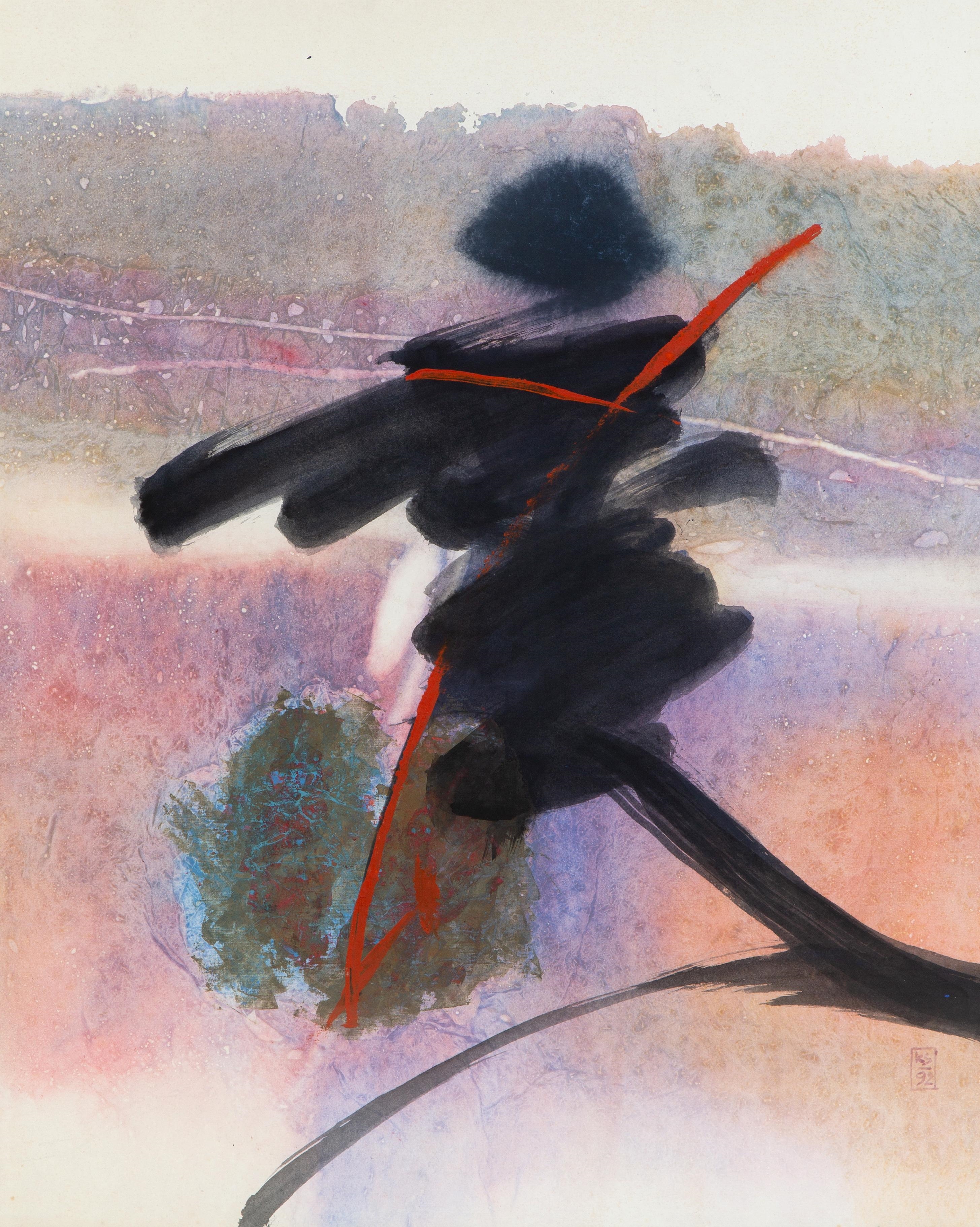 Artwork by Djoko KS, A composition with a moving black figure, Made of mixed media on paper