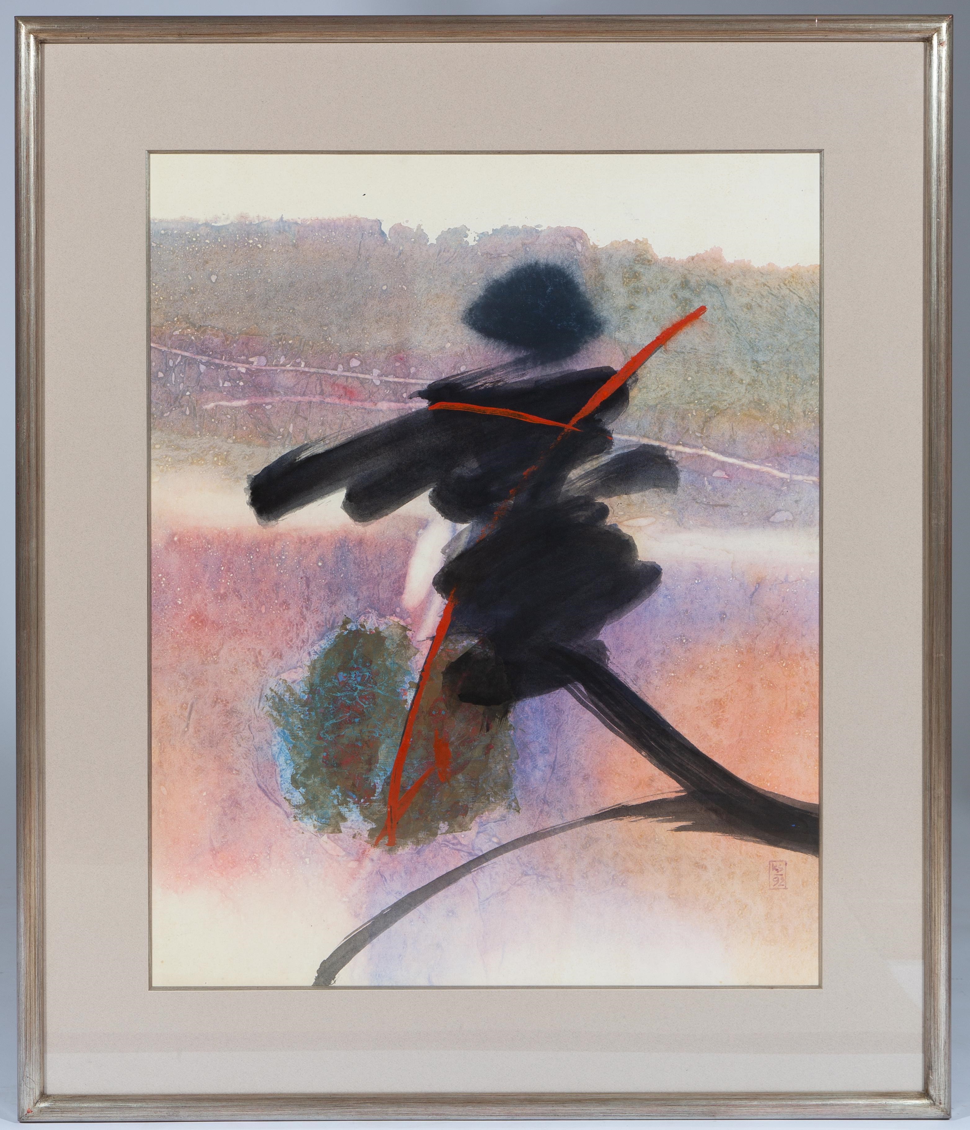 Artwork by Djoko KS, A composition with a moving black figure, Made of mixed media on paper