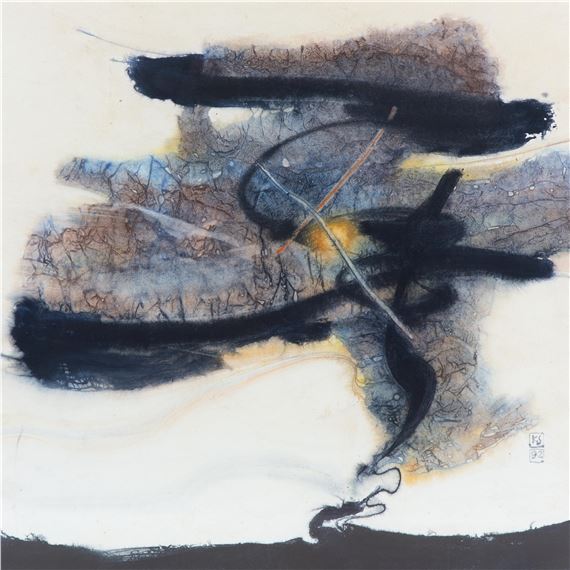 An abstract composition with a black figure by Djoko KS, 1992