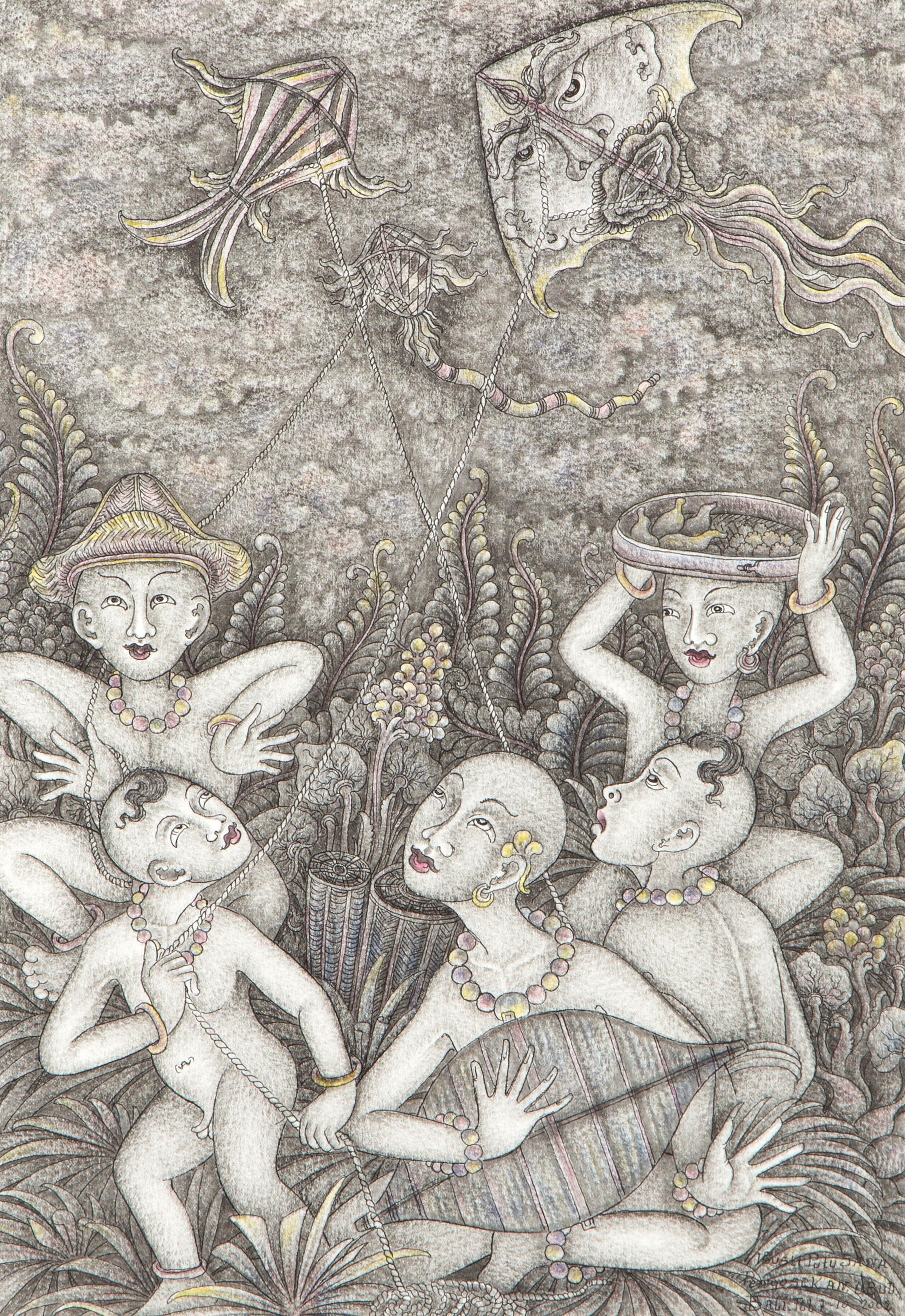 Artwork by I Gusti Putu Sana, Flying a kite, Made of pencil on paper