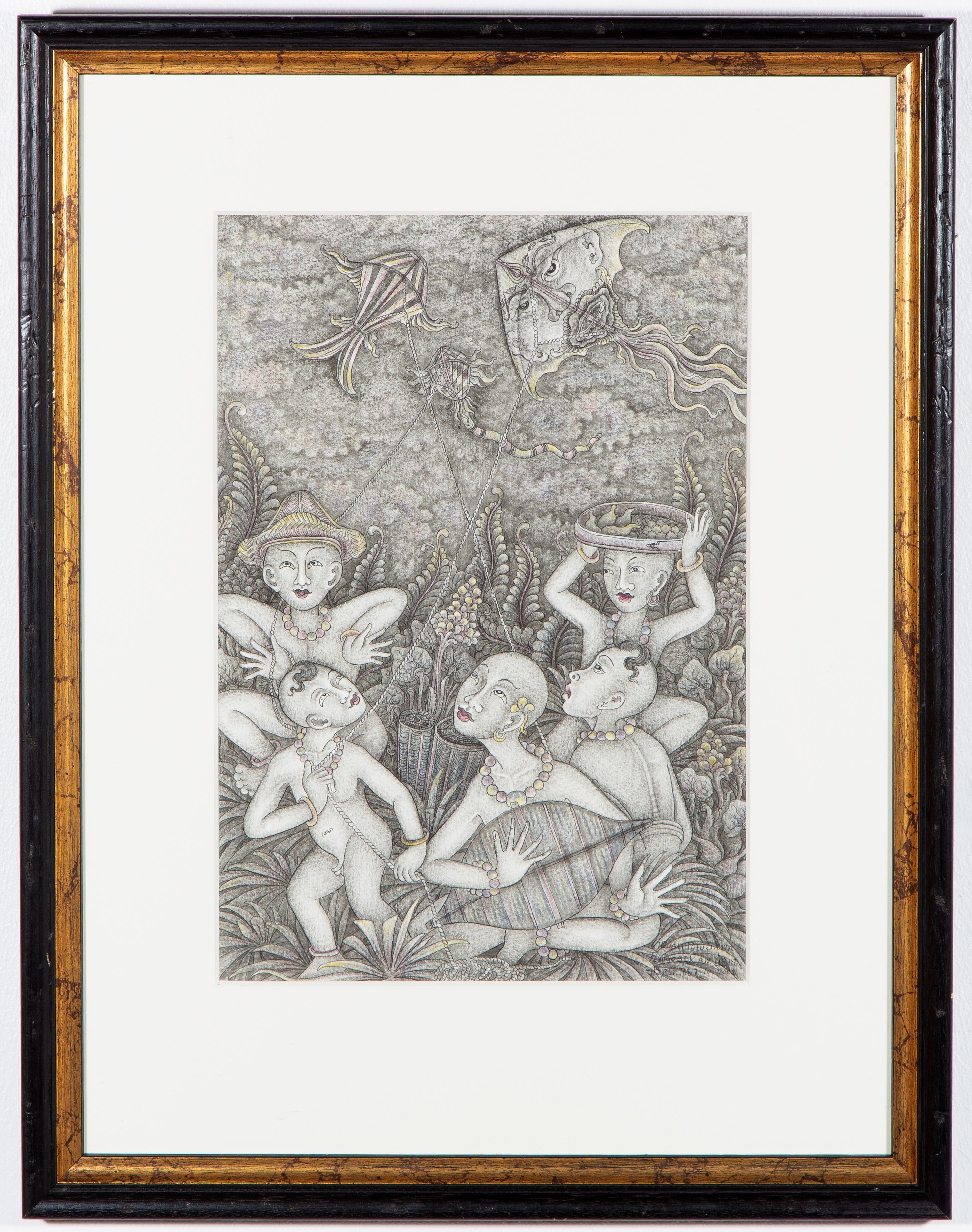 Artwork by I Gusti Putu Sana, Flying a kite, Made of pencil on paper