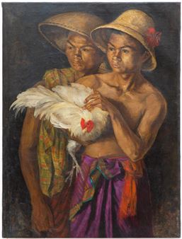 Two Balinese boys with a rooster - Dullah