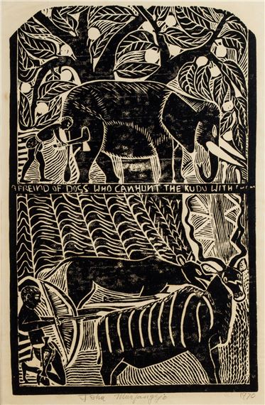 A FRIEND OF DOGS WHO CAN HUNT THE KUDU WITH THEM by John Ndevasia Muafangejo, dated 1970