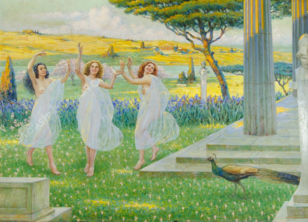 Artwork by Umberto Ruini, "Estate, le Tre Grazie", Made of Oil on plywood