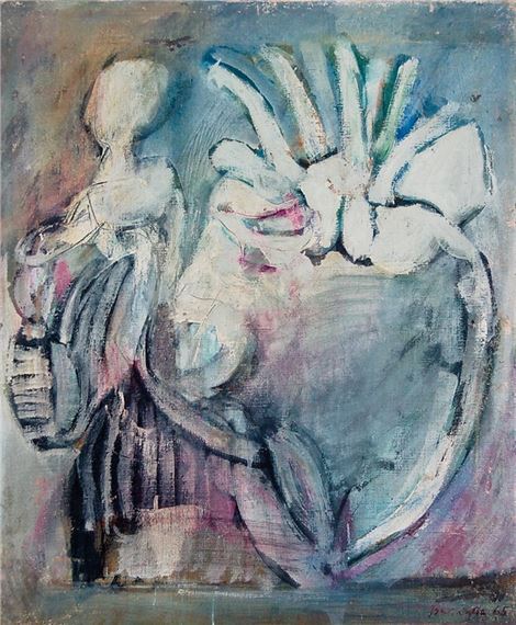 An abstract composition featuring a stylized human figure holding a large, heart-like object.