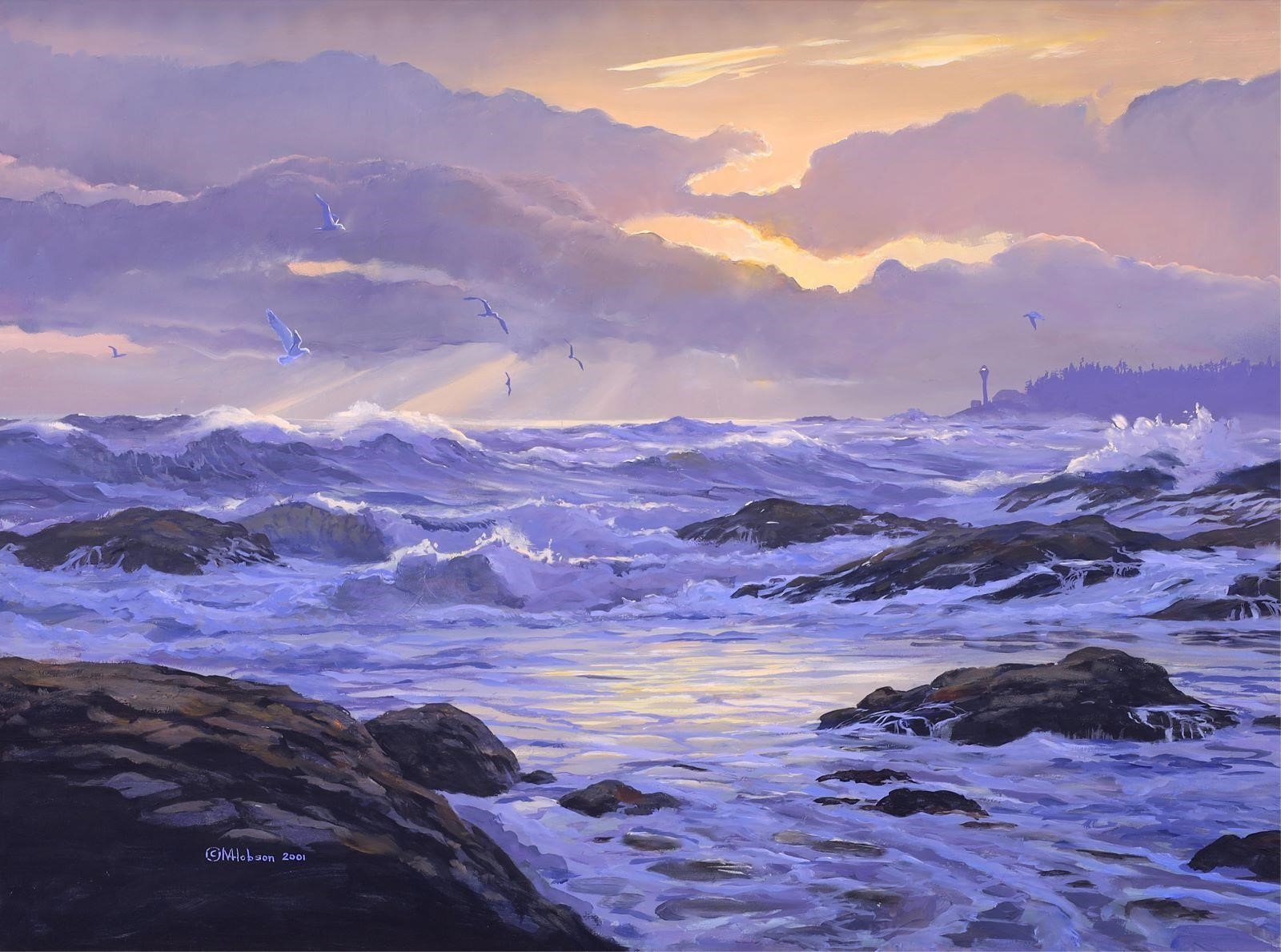 Artwork by Mark Hobson, Untitled, Rocky Seascape at Sunset, Made of ACRYLIC ON BOARD