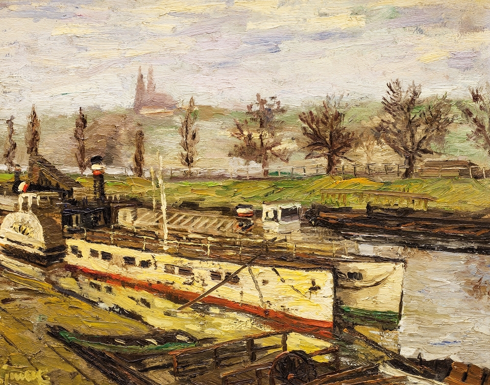 Artwork by Václav Junek, ŘÍČNÍ LODĚ, Made of oil on cardboard