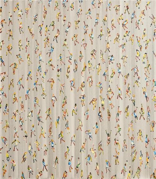 A dense pattern of tiny, colorful figures in various poses against a light beige background.