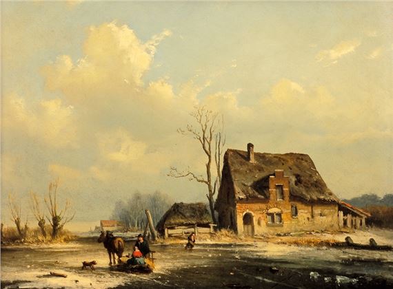 Louis Smets | A HORSE DRAWN SLEDGE ON FROZEN WATERWAY | MutualArt