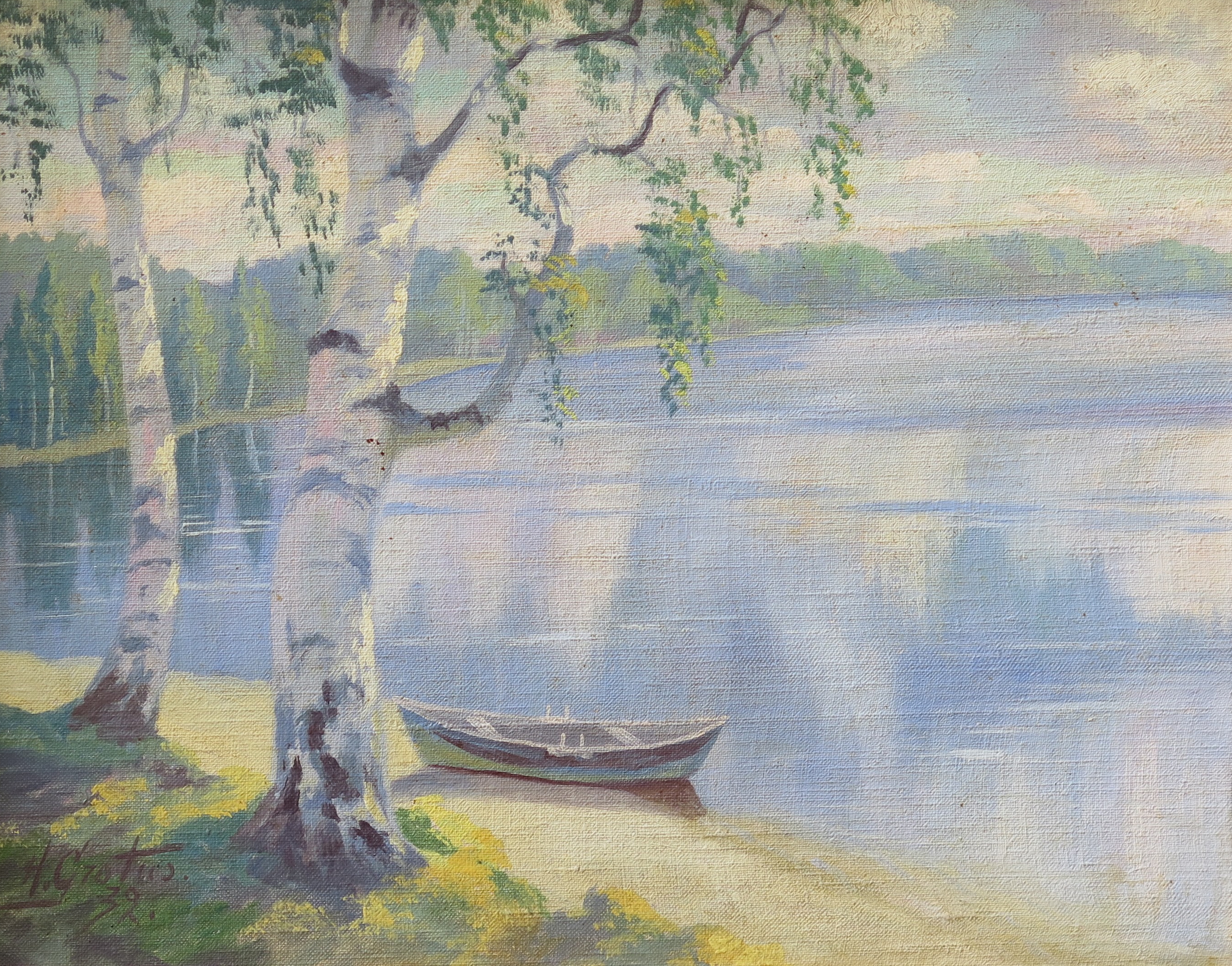 Artwork by Hugo Karlis Grotuss, Laiva ezera krastā, Made of canvas, cardboard, oil