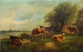 Milkmaid with cattle by a river - H. Stanfield