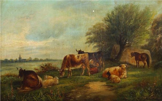 Milkmaid with cattle by a river by H. Stanfield