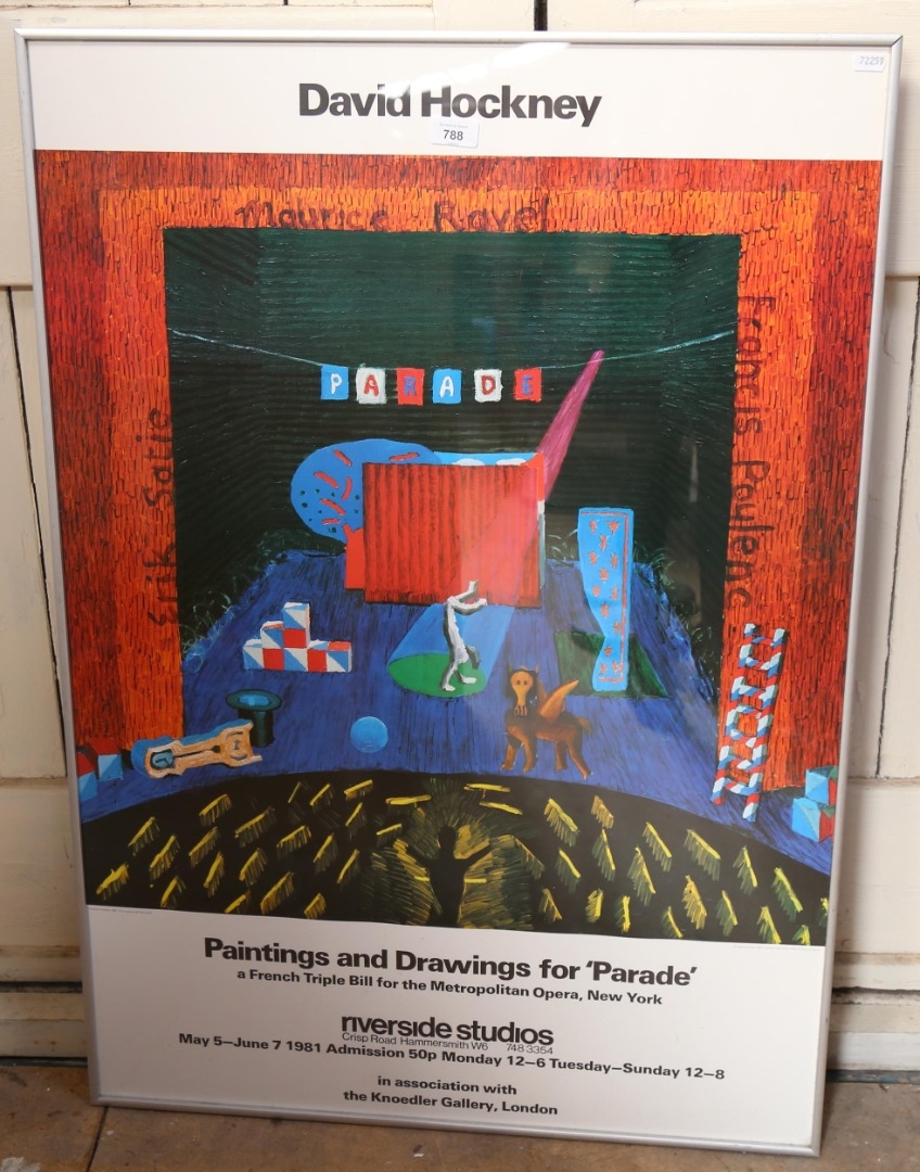 Artwork by David Hockney, A framed , "paintings and drawings for parade", Riverside Studios London, Made of poster