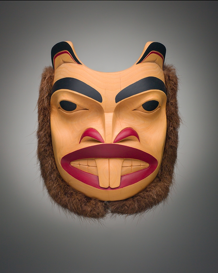 Artwork by Titus Auckland, Beaver Mask, Made of carved cedar, fur, acrylic