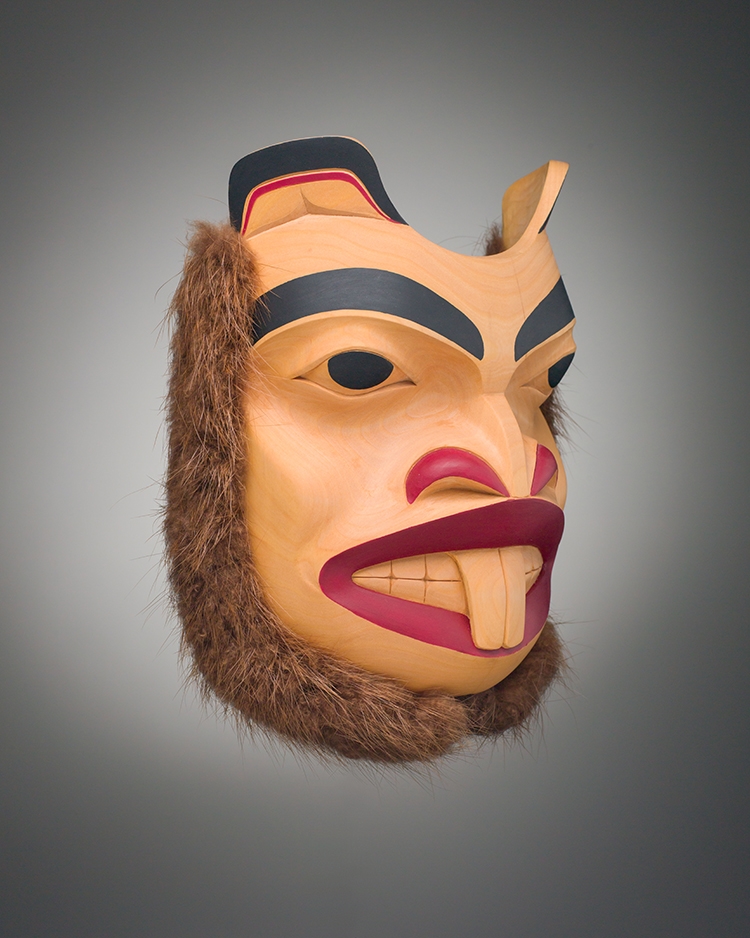 Artwork by Titus Auckland, Beaver Mask, Made of carved cedar, fur, acrylic
