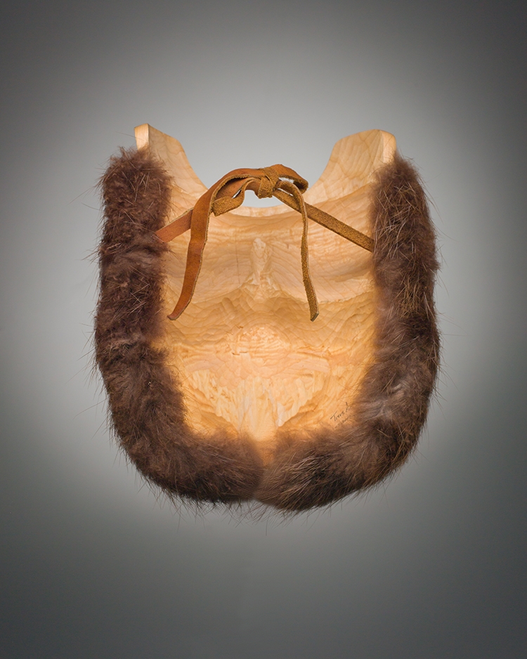 Artwork by Titus Auckland, Beaver Mask, Made of carved cedar, fur, acrylic