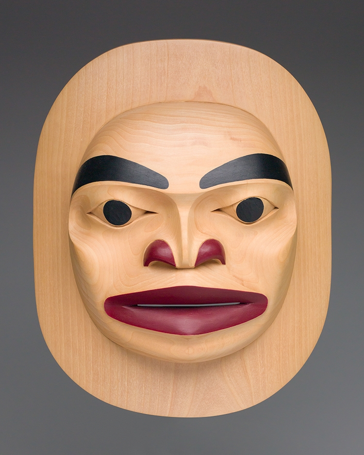 Artwork by Titus Auckland, Moon Mask, Made of acrylic on carved cedar mask