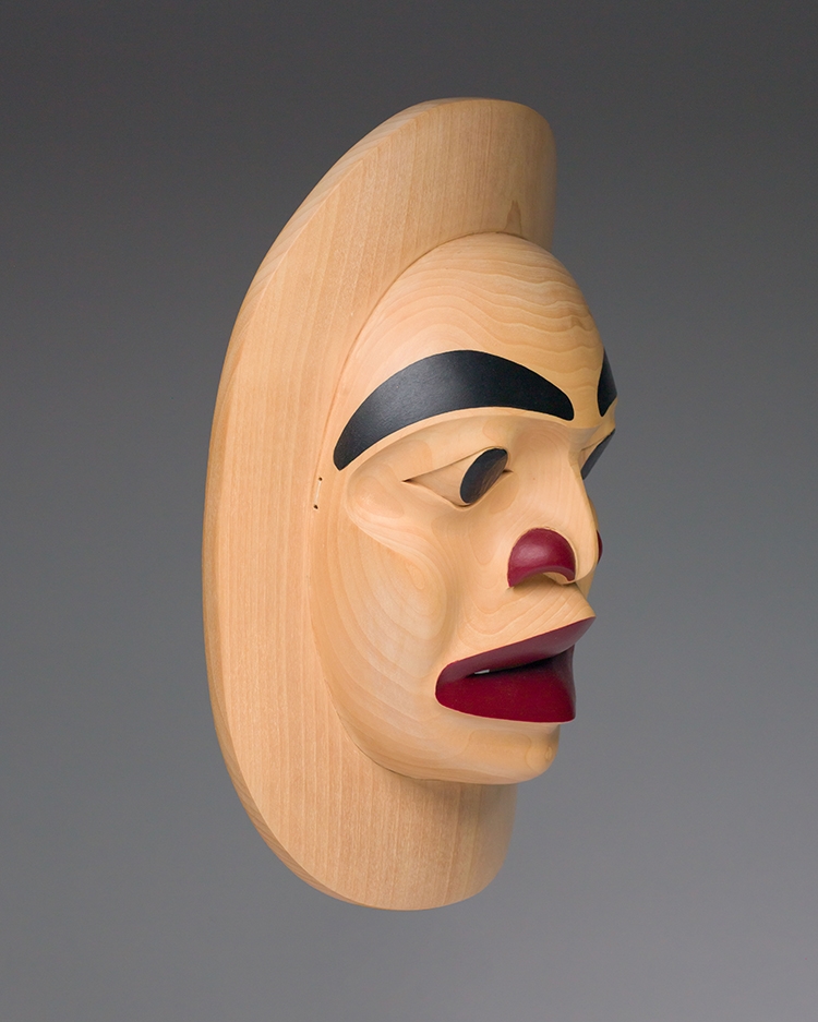 Artwork by Titus Auckland, Moon Mask, Made of acrylic on carved cedar mask
