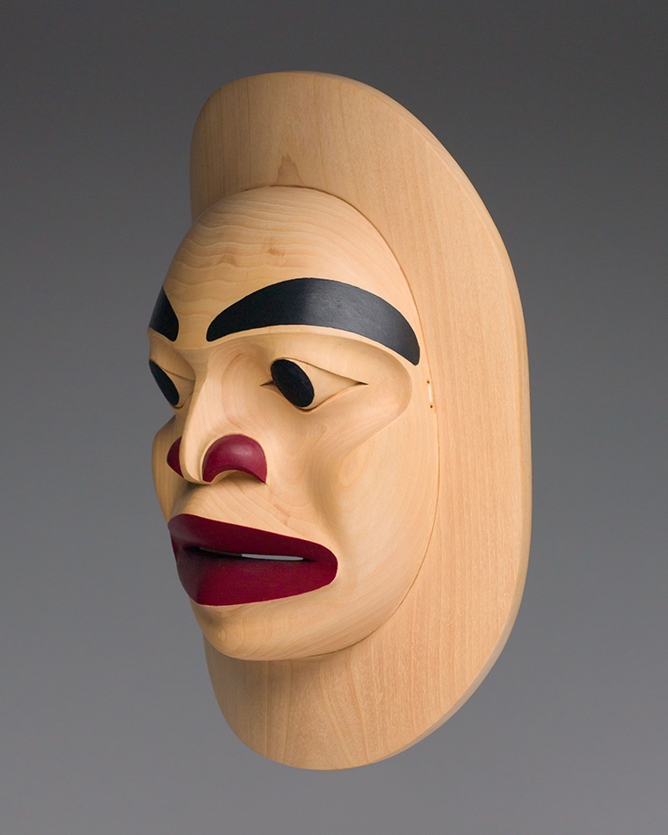 Artwork by Titus Auckland, Moon Mask, Made of acrylic on carved cedar mask