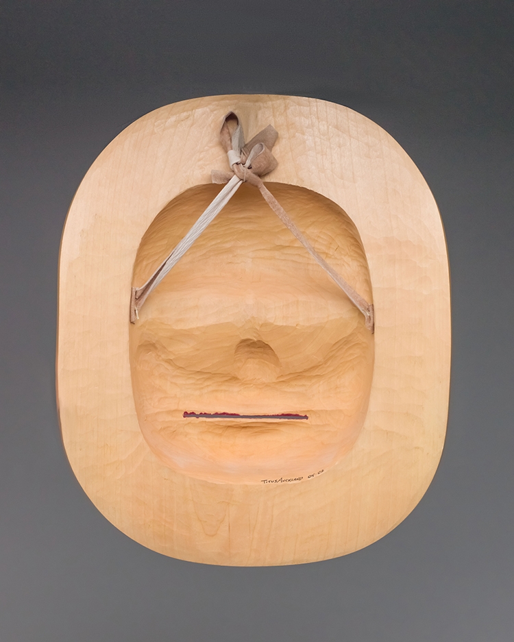 Artwork by Titus Auckland, Moon Mask, Made of acrylic on carved cedar mask