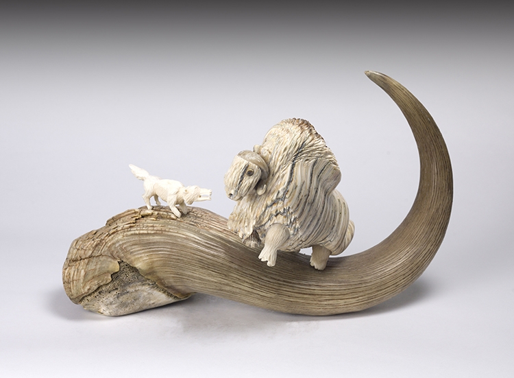 Artwork by Damien Iquallaq, Muskox and Wolf, Made of muskox horn and mammoth ivory